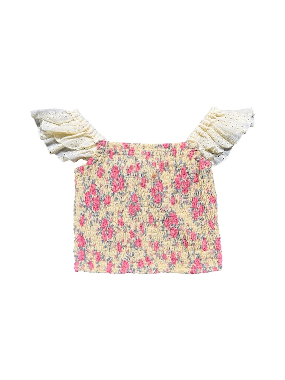 Global Love Floral Smocked Ruffle Sleeve Top Yellow Pink Size L Cottagecore